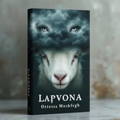 standing book mockup, Its title is "Lapvona". Its author name is Ottessa Moshfegh.  A close-up of a lamb's face with a soft and innocent expression. An ominous storm cloud is overlaid on the top half of the cover, creating a sense of tension and unease. Subtle haunting eyes are incorporated into the storm cloud, adding an element of curiosity and intrigue. The title "Lapvona" is displayed in a bold and slightly distorted font, emphasizing the psychological aspect of the book. The author's name, Ottessa Moshfegh, is written in a clean and elegant script font, contrasting with the dark and unsettling atmosphere of the cover., The lamb's face occupies the lower half of the cover, while the storm cloud and eyes overlay the top half. The title is positioned at the bottom of the cover, centered and slightly tilted. The author's name is placed at the top, aligned to the left.