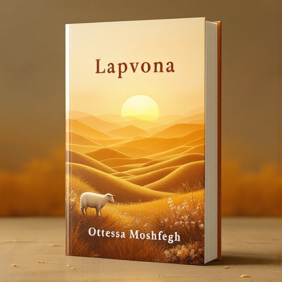 A beautiful landscape with rolling hills in warm amber hues, with a serene lamb grazing in the foreground. The golden sun shines brightly in the sky, casting a warm light on the scene.