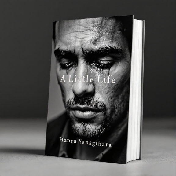 standing book mockup, Its title is "A Little Life". Its author name is Hanya Yanagihara.  The cover features a close-up grayscale image of a man's face, with tears streaming down his cheeks. The image is placed against a simple backdrop, creating a sense of vulnerability and intimacy. The title, "A Little Life," is displayed in a classic serif font, positioned above the image. The author's name, Hanya Yanagihara, is shown below the image in a clean sans-serif font., The title and author's name are centered, allowing the focus to remain on the emotional image. The placement of the elements creates a balanced composition.