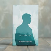 standing book mockup, Its title is "A Little Life". Its author name is Hanya Yanagihara.  A silhouetted figure of a man in a contemplative pose is placed against an abstract background with a textured pattern resembling brushstrokes. The figure is filled with a gradient of muted teal, representing the internal emotions of despair and reflection. The title "A Little Life" is displayed in a minimalist sans-serif font, centered at the bottom of the cover. The author's name, Hanya Yanagihara, is positioned below the title in a smaller, elegant serif font., The silhouetted figure takes up the majority of the cover, with the title and author's name centered at the bottom. The background seamlessly fills the rest of the space.