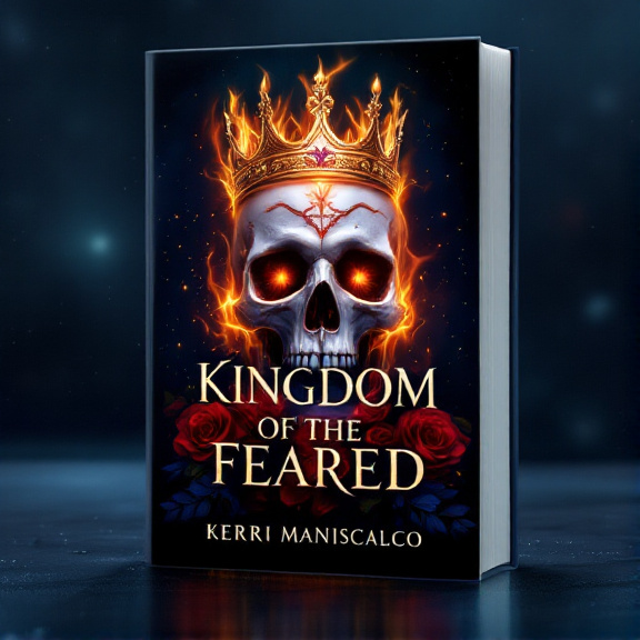 A skull with a crown placed at the center of the cover, surrounded by ethereal flames and roses. The flames should flicker and dance around the skull, creating an eerie and mysterious atmosphere. The background will be a starry night sky, adding to the overall foreboding feel of the cover.