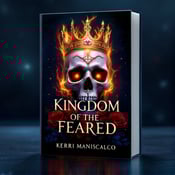 standing book mockup, Its title is "Kingdom of the Feared". Its author name is Kerri Maniscalco.  A skull with a crown placed at the center of the cover, surrounded by ethereal flames and roses. The flames should flicker and dance around the skull, creating an eerie and mysterious atmosphere. The background will be a starry night sky, adding to the overall foreboding feel of the cover. The book title, "Kingdom of the Feared," will be written in a bold and elegant font, with each word stacked on top of each other. The author's name, Kerri Maniscalco, will be placed below the title in a more subdued font., The skull with the crown will be the focal point of the cover, taking up the majority of the space. The title and author's name will be positioned vertically along the right side of the cover, allowing the skull to remain the main focus.