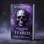 standing book mockup, Its title is "Kingdom of the Feared". Its author name is Kerri Maniscalco.  The cover features a skull in the center, entwined with thorny roses. The skull emerges from an enigmatic mist that engulfs the entire cover, creating a sense of mystery and danger. The colors are deep purple, reflecting the paranormal romance genre. The title "Kingdom of the Feared" is displayed in a bold, gothic font, with the word "Feared" appearing larger and more prominent. The author's name, Kerri Maniscalco, is elegantly written in a script font at the bottom of the cover., The skull and roses are positioned in the center of the cover, with the mist extending around them. The title is placed at the top, and the author's name is at the bottom.