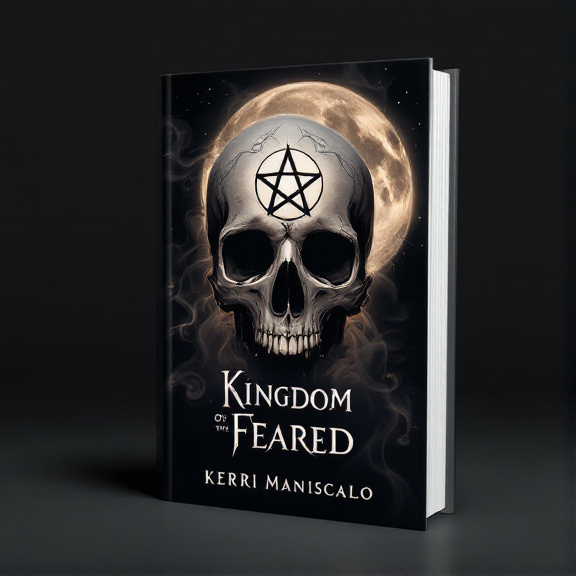 A black background with a large skull at the center. The skull has a pentagram etched on its forehead, and swirling smoke surrounds it. Above the skull, a full moon is visible, casting an eerie glow on the scene.