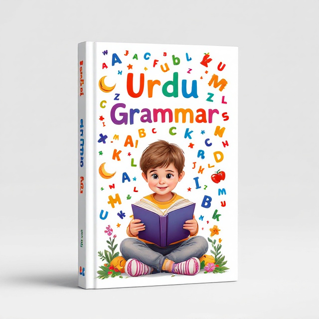 The cover features a young child sitting with a book in their lap, engrossed in reading. The child is surrounded by colorful illustrations of Urdu letters and words, creating a vibrant and engaging scene.