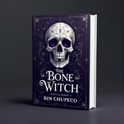 standing book mockup, Its title is "The Bone Witch". Its author name is Rin Chupeco.  The central focus of the cover is a beautifully illustrated skull, intricately detailed and surrounded by swirling magical patterns that create a sense of depth and enchantment. The skull is placed against a dark purple background, adding to the mysterious and dark fantasy atmosphere of the book. The book title "The Bone Witch" is displayed in an elegant and slightly gothic font, with intricate swirls and curves that complement the ornate patterns on the cover. The author name "Rin Chupeco" is displayed in a simpler, bold font underneath the title., The skull is positioned in the center of the cover, slightly tilted to one side, with the title and author name placed below it. The typography is arranged in a balanced and visually pleasing way, ensuring that all elements are easily readable.