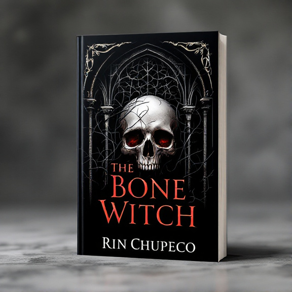 standing book mockup, Its title is "The Bone Witch". Its author name is Rin Chupeco.  The cover features a skull, intricately intertwined with dark, ominous vines. The skull is positioned in the center of the design, with the vines wrapping around it, creating an eerie and suspenseful atmosphere. The backdrop consists of gothic arches, casting shadows that add to the overall sense of fear and anticipation. The book title, "The Bone Witch," is displayed in bold, elegant font at the top of the cover, using a deep red color to contrast against the black background. The author's name, Rin Chupeco, is placed at the bottom in a smaller, more subtle font, adding a touch of mystery., The elements are strategically placed to draw the viewer's attention to the skull and vines, creating a focal point in the center of the cover. The gothic arches serve as a backdrop, adding depth and enhancing the ominous atmosphere.