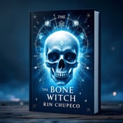 standing book mockup, Its title is "The Bone Witch". Its author name is Rin Chupeco.  A dark blue background with a skull at the center, surrounded by ethereal symbols. Behind the skull, there is a burst of light emerging, giving an enchanting and mysterious vibe to the cover. The book title, "The Bone Witch," is written in an elegant and slightly gothic font. The author's name, Rin Chupeco, is displayed in a more modern and sleek font at the bottom of the cover., The skull is placed at the center of the cover, slightly larger in size, commanding attention. The title is positioned above the skull, while the author's name is placed below it. The ethereal symbols gracefully frame the skull and the text.