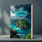 standing book mockup, Its title is "The Disaster Tourist". Its author name is Yun Ko-Eun.  The cover features a captivating view of an island, with lush greenery and crystal-clear waters. Dark storm clouds gather ominously on the horizon, creating a sense of tension and impending disaster. A solitary tourist stands on the edge of a cliff, emphasizing the vulnerability of humans in the face of nature's fury. The book title, "The Disaster Tourist," is displayed in bold, teal-colored font. The author's name, Yun Ko-Eun, is elegantly written in a smaller, contrasting font beneath the title., The main visual elements are centered on the cover, with the island landscape occupying the majority of the space. The title and author's name are positioned at the top and bottom respectively, ensuring readability and balance.