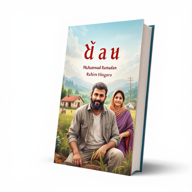 The cover features a rural landscape with a farmhouse in the background. In the foreground, a hardworking farmer named Muhammad Ramadan is shown, symbolizing his struggles and determination. The cover also includes images of a father and mother, representing the family dynamic in the book.