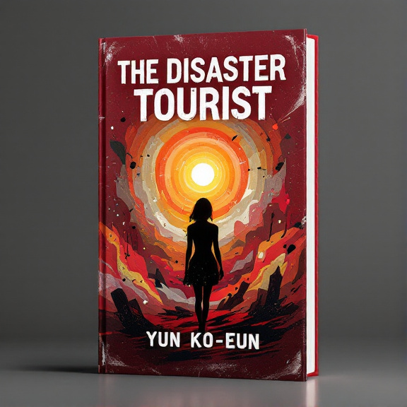 standing book mockup, Its title is "The Disaster Tourist". Its author name is Yun Ko-Eun.  The cover features an abstract design with a maroon background. A female silhouette is positioned in the center, surrounded by abstract shapes representing chaos and disaster. At the core of the design is a glaring sun, symbolizing the dystopian setting of the book. The book title "The Disaster Tourist" is displayed in bold, uppercase letters at the top of the cover, with a distressed font that adds to the sense of intrigue and mystery. The author name "Yun Ko-Eun" is placed at the bottom, using a clean and modern font for contrast., The visual elements are centered on the cover, giving a balanced and symmetrical composition. The title and author name are placed at opposite ends, creating a visual flow from top to bottom.