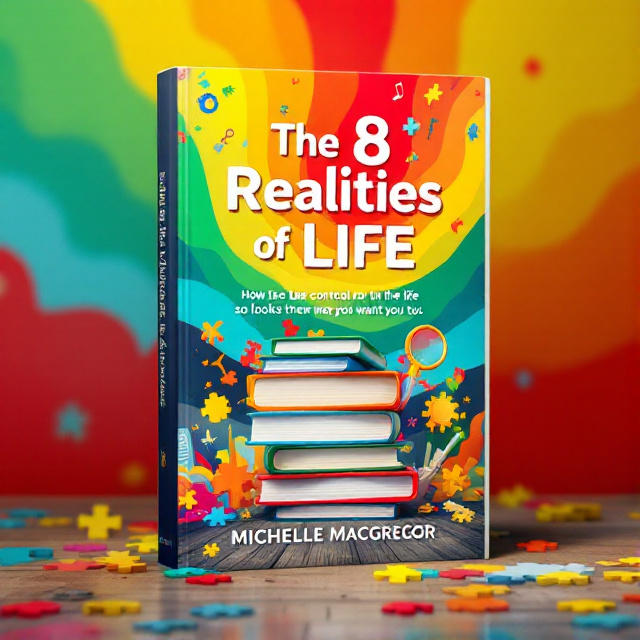 The cover features a vibrant and energetic scene with a colorful background of red, yellow, green, and blue. In the center, there is a stack of books with the title "The 8 Realities of Life" written on them. Surrounding the books are various elements representing self-discovery and transformation, such as a magnifying glass, a key, and a puzzle piece.