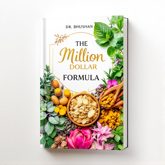 The cover features a close-up image of various Ayurvedic herbs, such as tulsi, ashwagandha, and turmeric, arranged in a visually appealing and artistic way. The herbs are shown in vibrant shades of pink and green, representing the book's genre of Ayurvedic medicine.