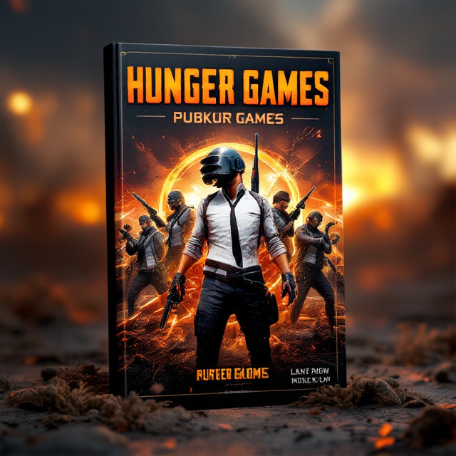 The cover features a dynamic scene from PUBG, with a group of characters in action, displaying bravery and competitiveness. The main focus is on a central character, armed and ready for battle, surrounded by other characters engaged in combat. The background is a post-apocalyptic landscape, symbolizing the Hunger Games concept. The overall style is bold and energetic, with vibrant colors and intense lighting effects.
