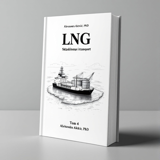 The cover features a black and white graphic drawing of an LNG tank farm on an island, with an LNG ship positioned slightly off-center. The drawing is minimalist and clean, creating a sense of intrigue and interest.