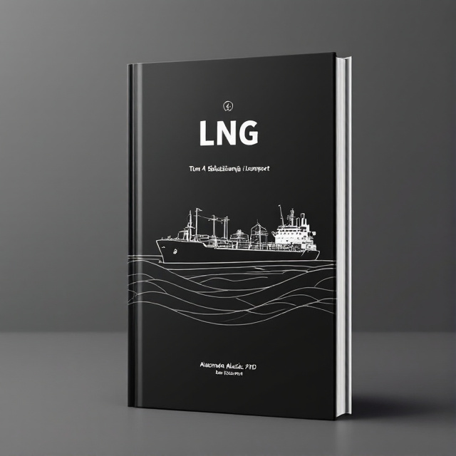 The book cover design features a black and white graphic drawing of an LNG tank farm, with an LNG ship positioned slightly off-center. The overall style is minimalist, with clean lines and simple shapes creating a sense of intrigue and interest.