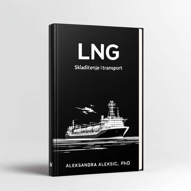 A black and white graphic drawing of an LNG tank farm with an LNG ship docked in front of it. The drawing is sleek and minimalistic, capturing the essence of the science and technology genre.