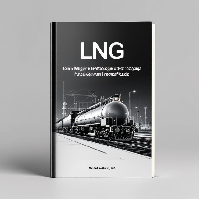 The cover prominently features an image of an LNG train in the foreground, with the first liquefaction machine, Cattelier, positioned behind it. The image is stylized in a minimalistic black and white color scheme, creating a striking contrast. The train and machine are depicted with clean lines and sharp angles, giving a sense of precision and technology.
