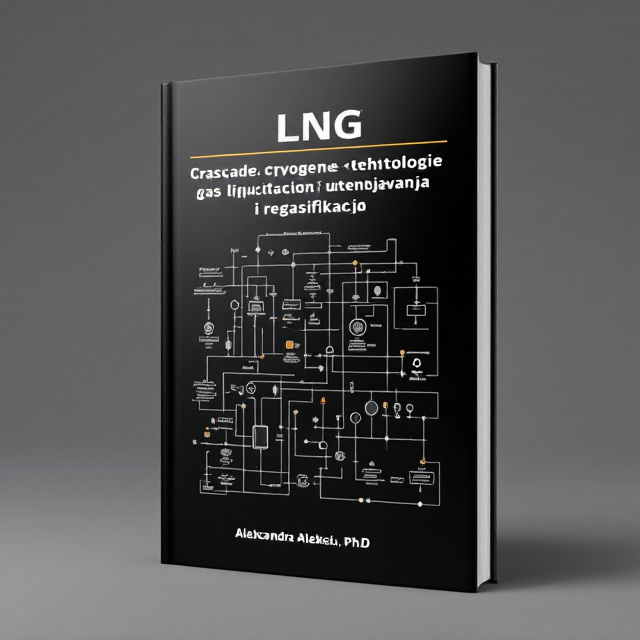 The cover design features a minimalist black background with a cascade cryogenic gas liquefaction process flow diagram as the primary visual element. The diagram is placed centrally and spans across the cover, capturing the viewer's attention. The natural gas symbol is prominently displayed, representing the book's subject matter. The overall visual style is clean and modern, emphasizing the importance of the technological aspect of the book.