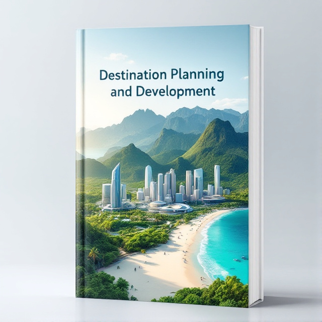 The cover features a panoramic view of a lush green mountain range in the background, extending into a pristine white sandy beach in the foreground. In the center, a futuristic cityscape emerges, with sleek skyscrapers and advanced smart city technologies. The composition seamlessly blends the natural beauty of the destination with modern urban development.