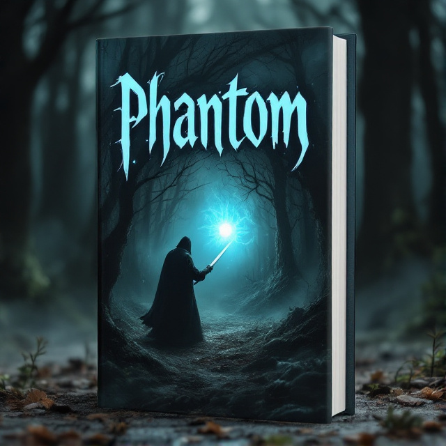 A dark, eerie forest with mist floating around. In the foreground, a cloaked figure wields a sword, engaging in a fierce battle with a spectral phantom. The scene is illuminated by a mystical glowing orb in the center of the cover.