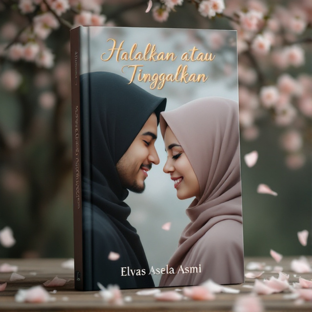 The cover features a close-up shot of two Muslim individuals, their eyes locked in a loving gaze, but with a distance between them. In the background, there is a tree with blooming flowers, and petals are falling gently towards the ground.