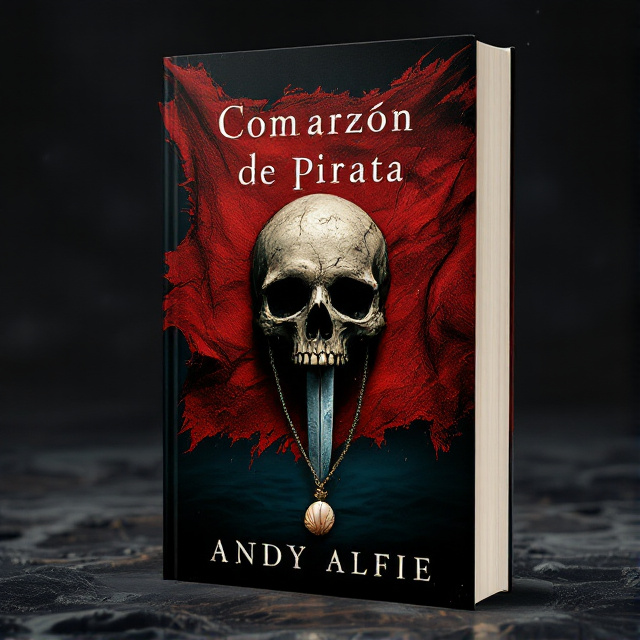 A frayed red flag with a skull pierced by a dagger in the center. Hanging from the dagger is a shell-shaped necklace. The background features a dark and mysterious ocean scene.