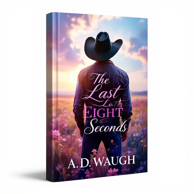 A bullrider cowboy in full bullriding gear standing in a field, viewed from the back with flowers and the sun shining. The cowboy is wearing a black cowboy hat, giving a mysterious and romantic aura to the cover.