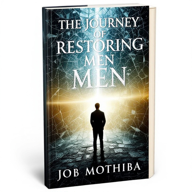 The cover features a shattered glass image, with fragments of glass scattered across the top half of the cover. In the center, there is a bright beam of light shining through the cracks, symbolizing healing and restoration. At the bottom, there is an image of a man's silhouette, standing tall amidst the broken pieces, representing the journey of restoring men.