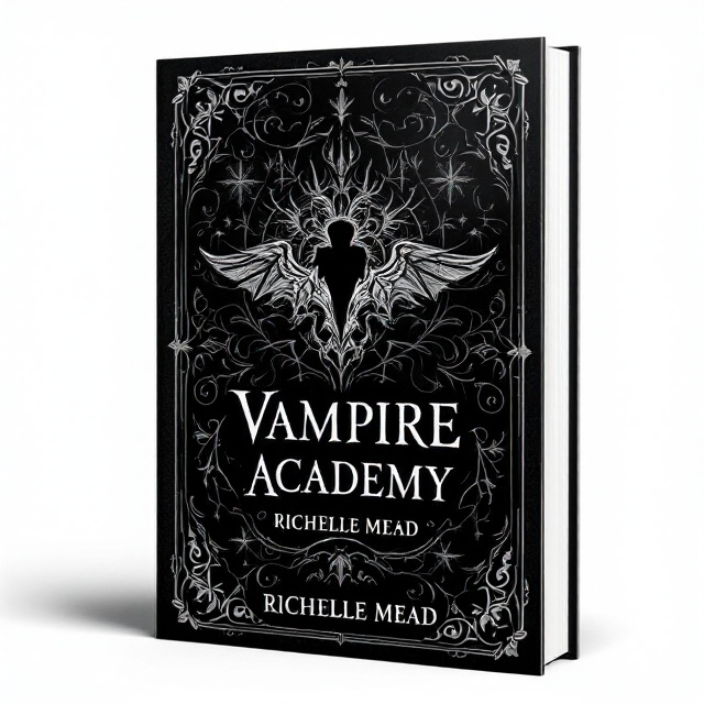 A dark, elegant background with a Victorian-inspired pattern, featuring a majestic vampire silhouette in the center. The silhouette is surrounded by intricate details and elements that symbolize the supernatural world of the story.