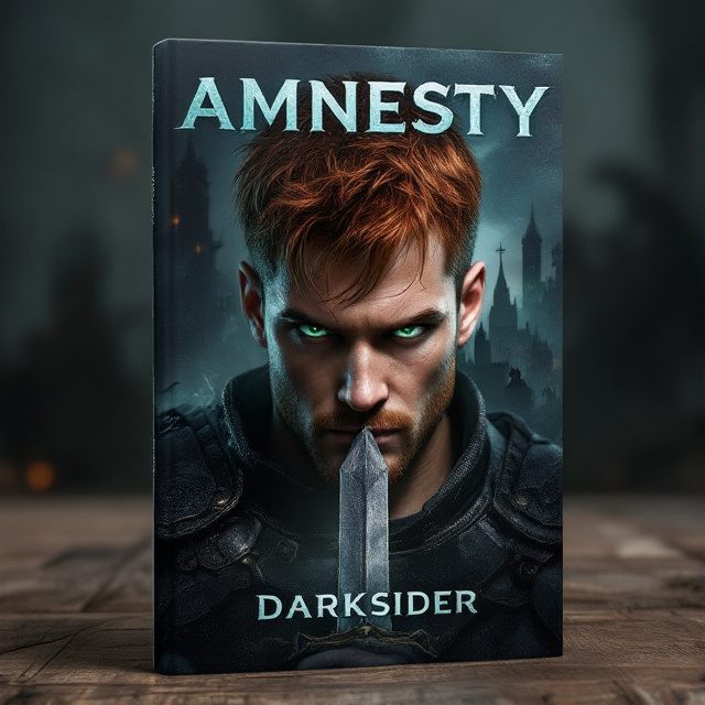The cover features a close-up image of the protagonist's face, with intense green eyes and short red hair. Behind him, there is a dark and ominous virtual reality game world inspired by Italian folklore, with towering castles and mythical creatures lurking in the background. The protagonist, dressed in warrior armor, holds a sword in a defensive stance, ready for battle.