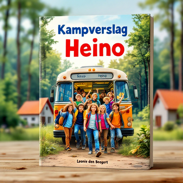 A group of school kids stepping out of a colorful bus with excitement on their faces, surrounded by a lush forest with houses featuring orange roofs in the background. The composition is dynamic and captures the joy and adventure of summer camp.