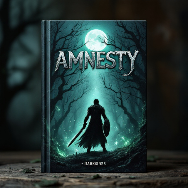 The cover features a dark and ominous forest setting, with twisted trees and a moonlit sky in the background. In the foreground, there is a fierce warrior, represented by a silhouette, wielding a sword and shield. Surrounding the warrior are ethereal wisps of green energy, symbolizing the virtual reality aspect of the game. Italian folklore elements such as mythical creatures and symbols can be subtly incorporated into the forest scene.