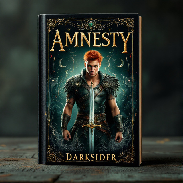 The cover features the protagonist in the center, depicted as a warrior with short red hair and green eyes. He is shown in a dynamic action pose, wielding a sword and surrounded by elements of Italian folklore, such as mystical creatures and symbols. The background is dark and mysterious, adding to the suspenseful tone of the book.