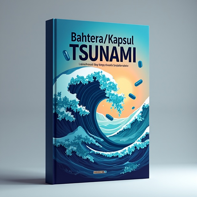 The cover features an abstract representation of a tsunami wave, with vibrant colors and dynamic lines. The wave is surrounded by floating capsules, symbolizing the technological advancements explored in the book.