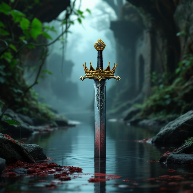 The golden crown is placed at the center of the cover, slightly tilted to give a sense of movement. The sword, either embedded in the ground or emerging from the nearby lake, is positioned diagonally across the bottom left corner. The misty, enchanted forest or medieval castle ruin serves as the background, with vines and ancient stones adding depth and texture. Hints of Arthur's face or a shadowy figure are subtly incorporated into the mist or reflection on the water. A faint shape of a dragon or pendant with Celtic designs forms part of the border or background.