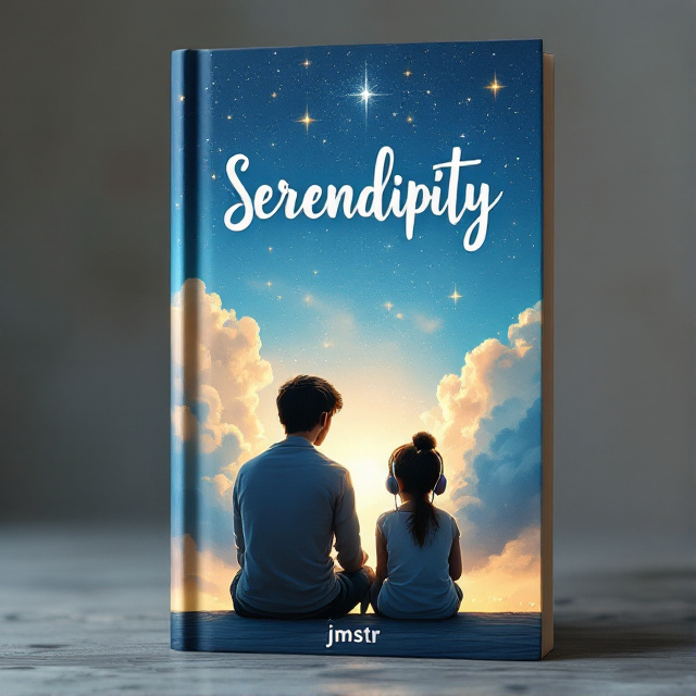 The cover features a dreamy sky background with fluffy clouds and shimmering stars. In the foreground, a tall boy and a small girl are sitting together, wearing earphones and playing music. They are surrounded by a soft glow, symbolizing the serendipitous nature of their connection.