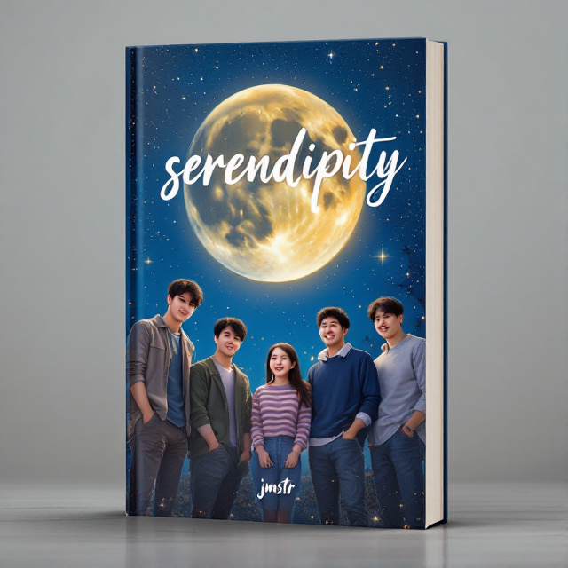 The cover features a beautiful night sky with a full moon and shining stars. In the center, there is a short girl surrounded by seven tall Korean boys, all of them wearing happy expressions.