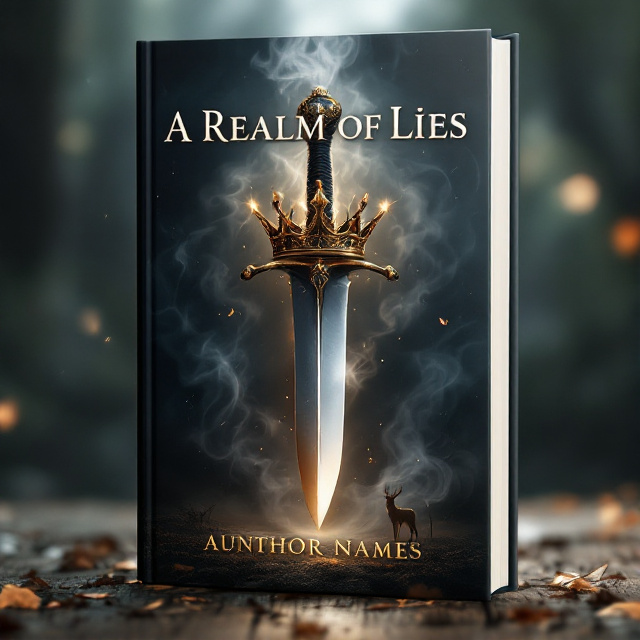 The cover features a dagger in the center, with a crown hanging around its hilt. The dagger is surrounded by wisps of smoke, casting shadows and light on the background. In the distance, a small bow and arrow, a deer, an orange cat, and a moth are sparsely placed to give a sense of the fantasy world.