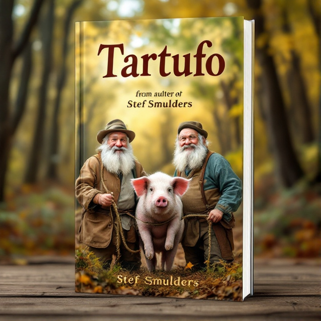 A group of Italian older men dressed in traditional clothing, standing in a forest setting. They are accompanied by a pig on a rope, symbolizing the truffle hunting process. The vibrant colors of the forest and the playful expressions of the men and the pig create a fun and humorous atmosphere.