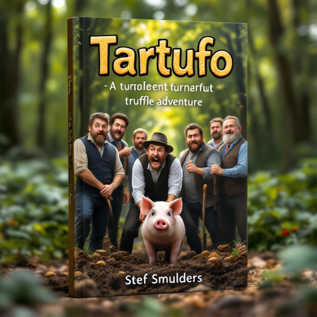 The cover depicts a group of five Italian men standing in a lush forest, led by a charming pig. The men are dressed in traditional Italian attire, and they have surprised expressions on their faces as they dig for truffles.