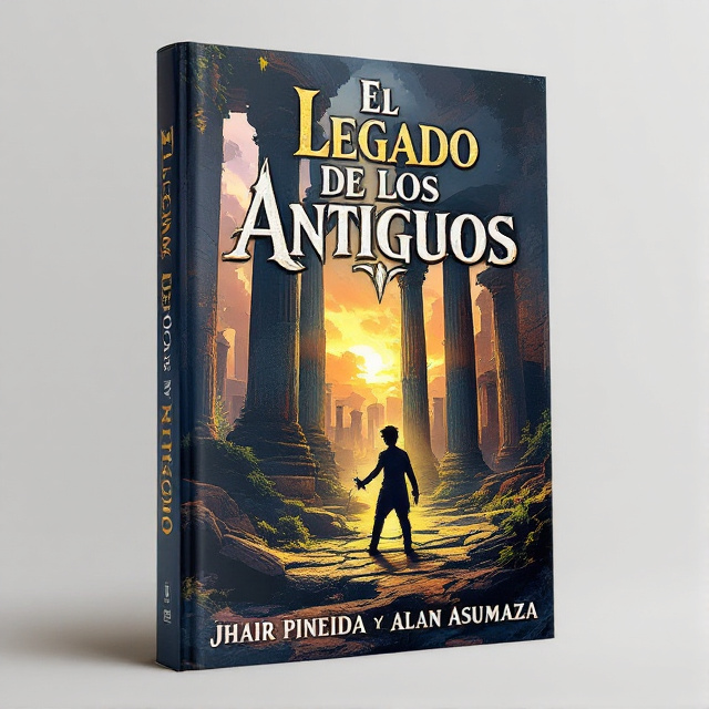 The cover features a dramatic illustration of ancient ruins with crumbling pillars and overgrown vegetation. In the foreground, there is a silhouette of a young hero holding a sword, representing the protagonist of the story. The color palette is dark and mysterious, with deep blues and purples contrasting with warm yellows and oranges.