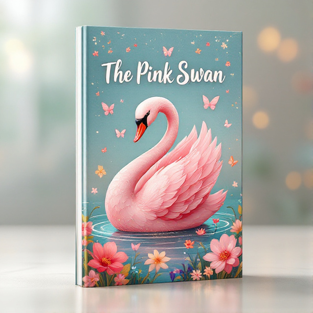 standing book mockup, Its title is "The Pink Swan". Its author name is Moiyo.  The cover features a whimsical illustration of a pink swan gracefully gliding on a sparkling pond. The swan's feathers are depicted in vibrant shades of pink, with hints of shimmering gold. Surrounding the swan are colorful flowers and butterflies, creating a joyful and magical atmosphere. The book title "The Pink Swan" is written in a playful and rounded font, with each letter adorned with small flowers or feathers. The author's name "Moiyo" is displayed in a more elegant and script-like font, adding a touch of sophistication to the design., The title is positioned at the top of the cover, with the author's name placed below it. The illustration of the swan and surrounding elements are placed at the center, taking up the majority of the cover space.