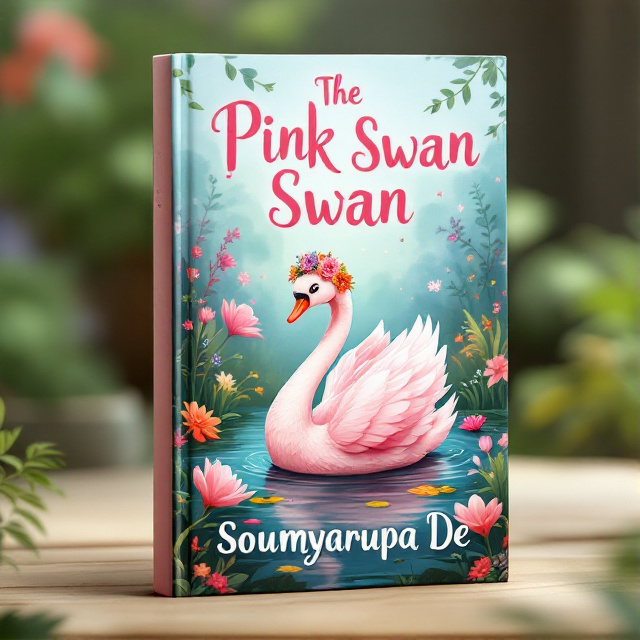 The cover features a whimsical illustration of a pink swan gracefully swimming in a pond surrounded by vibrant flowers and lush greenery. The swan is depicted with a friendly expression and a crown of flowers on its head to convey a light-hearted and magical vibe.