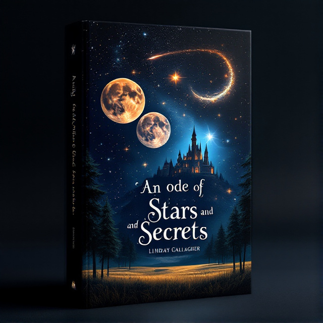 The cover features a black background with a mesmerizing night sky filled with stars. Three large and vibrant moons are positioned in the center, symbolizing the book's title. A shooting star streaks across the sky, adding a touch of movement and excitement. In the foreground, there is a peaceful field with tall trees on the sides, leading towards a majestic castle in the distance.