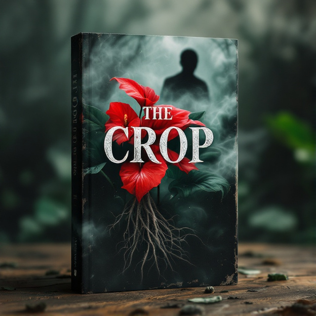 A close-up image of a giant anthurium with vibrant red flowers and aerial roots, surrounded by swirling mist. In the background, there is a silhouette of a person, representing the junkie element of the book.