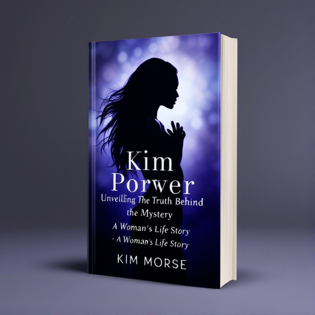 The cover features a black and white silhouette of Kim Porter, with her long, flowing hair and elegant posture. The silhouette is placed against a gradient background in deep blues and purples, creating a sense of mystery and depth. Subtle uses of light and shadow add intrigue and enhance the silhouette's elegance.