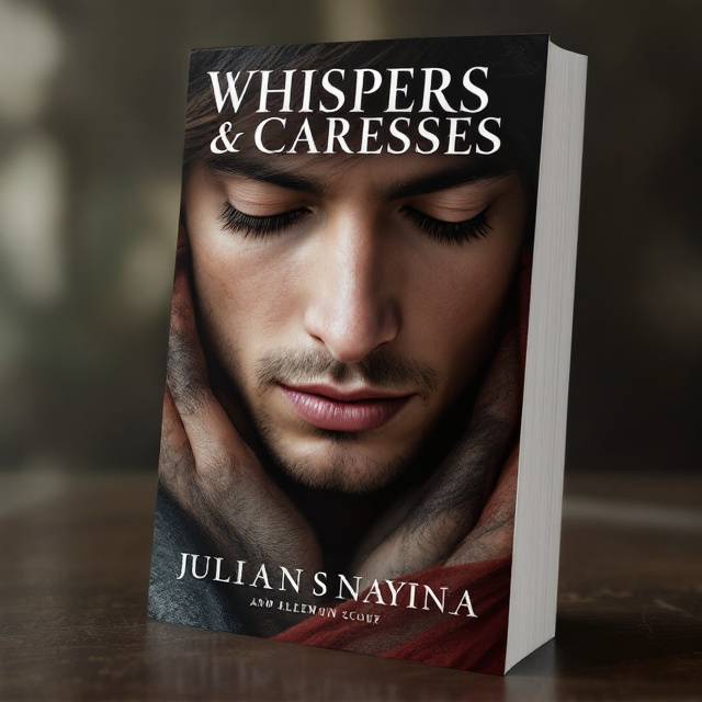 The central image features a close-up of Julian's face, with his eyes closed and a subtle, enigmatic smile playing on his lips. The focus is on his expressive hazel eyes, which convey warmth and intensity. The background incorporates abstract imagery of intertwined hands, symbolizing the deceptive and mysterious nature of the story. The color palette consists of muted, earthy tones such as brown, gray, and deep red, adding to the sense of mystery and danger.