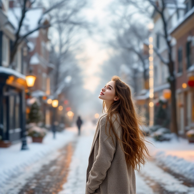 A beautiful girl with long flowing hair is walking on a snow-covered street in Northern Europe. The street is lined with charming buildings, and the girl is looking up at the sky with a sense of hope and wonder. The overall mood is romantic and dreamy.