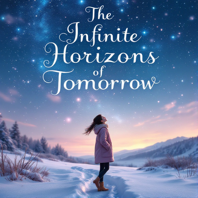 A pretty Asian girl, dressed in winter clothing, is walking through a snowy landscape in Northern Europe. She is looking up at the sky, which is filled with romantic cosmic elements such as stars and galaxies. The overall composition is focused on her and the vastness of the sky, representing the infinite horizons of tomorrow.